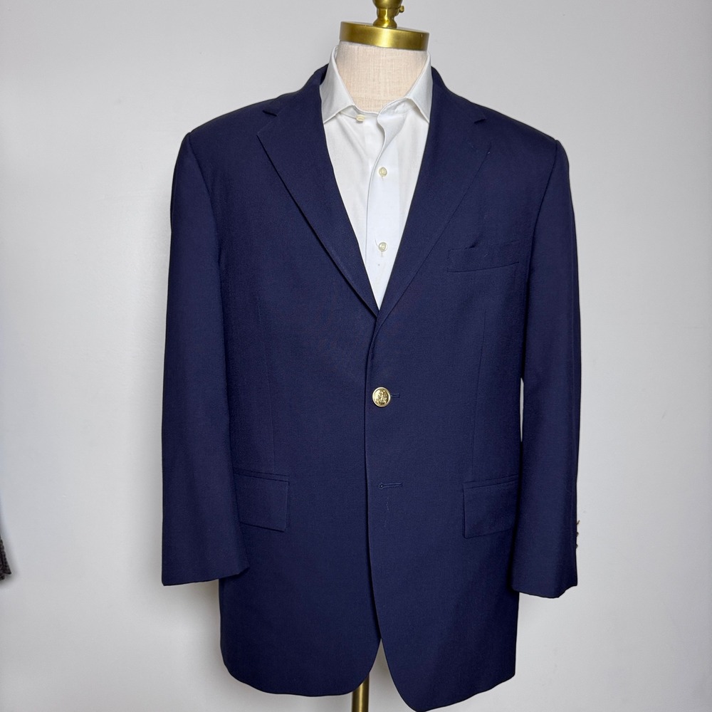 Chaps Ralph Lauren Blazer Mens 42R Navy Blue Solid Two Button Gold Crest Buttons
